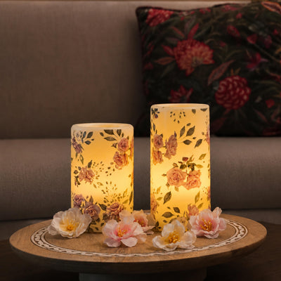 LED Floral Printed Wax Coated Pillar Candle
