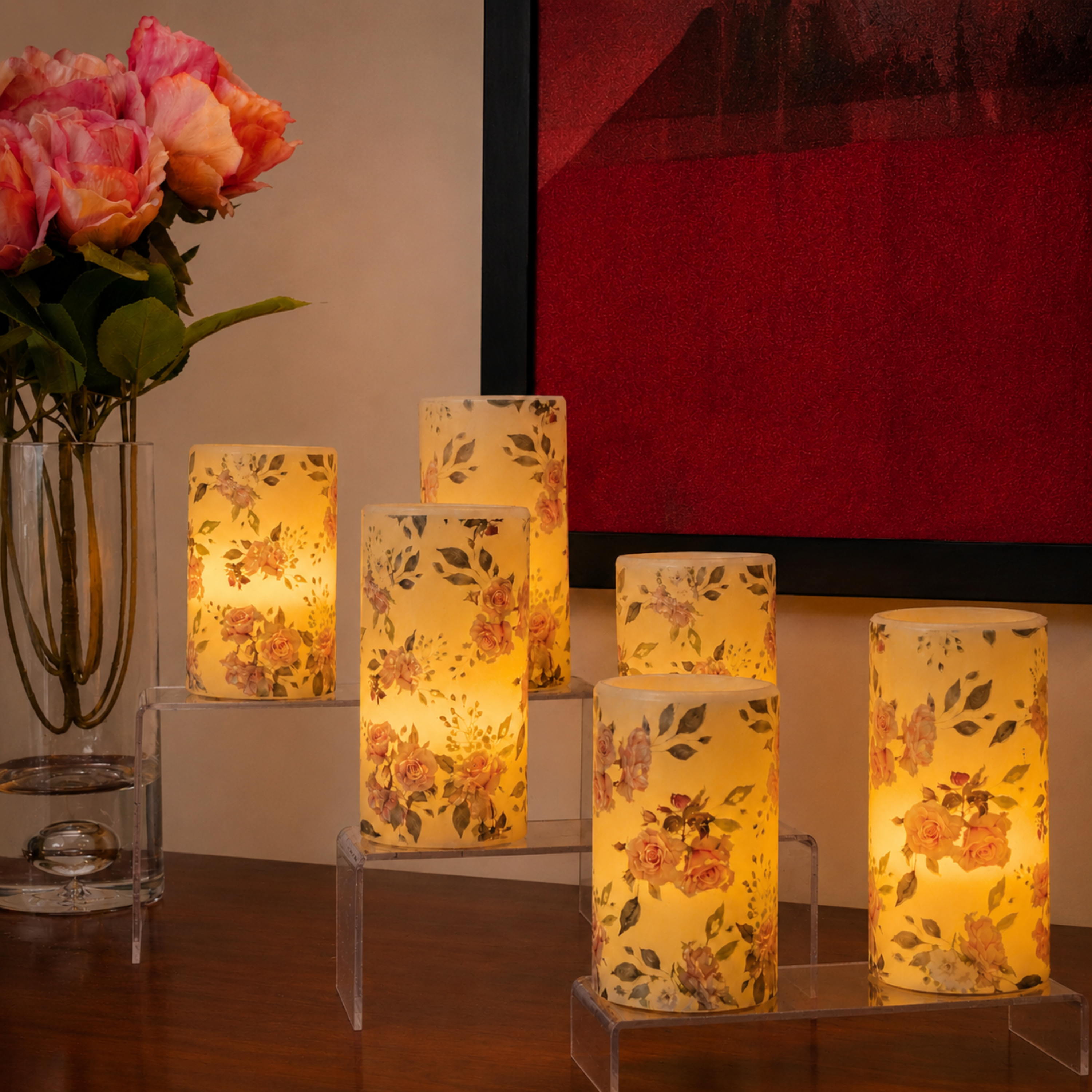 LED Floral Printed Wax Coated Pillar Candle