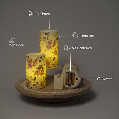 LED Floral Printed Wax Coated Pillar Candle