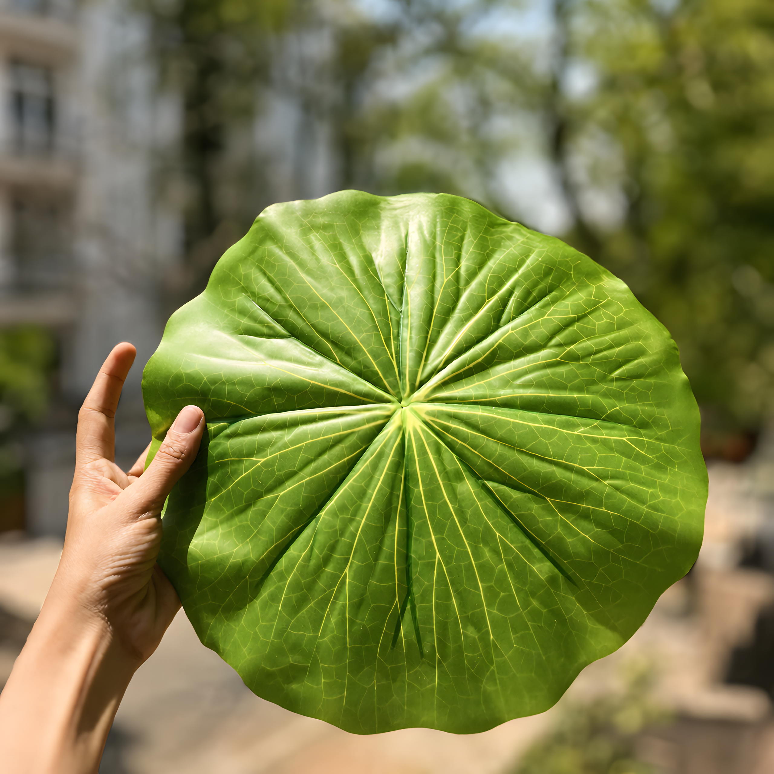 Hand holding a green lotus leaf place mat