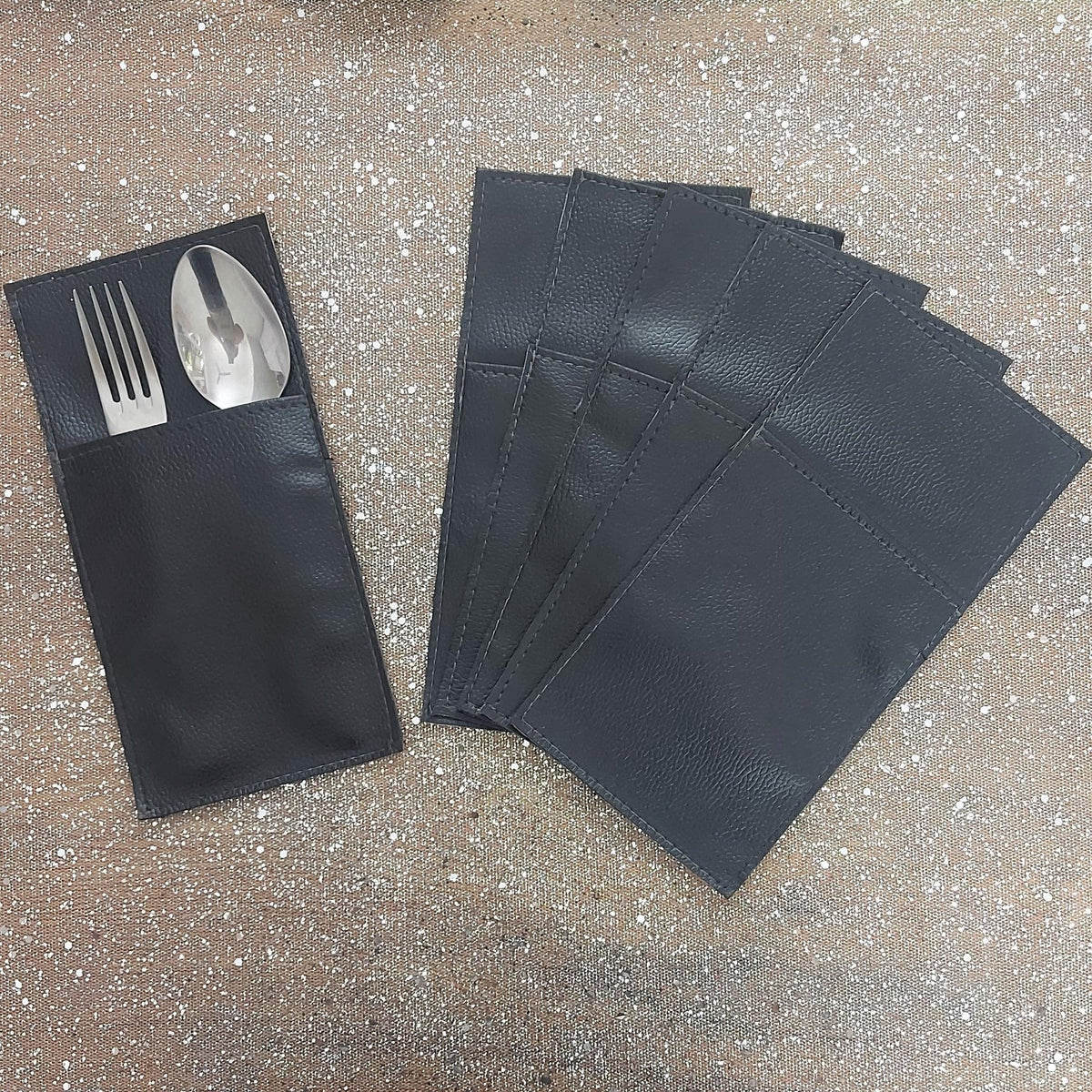 Black Leather Cutlery Pockets - Floral Art by Nandini (A unit of R S creations and designs)