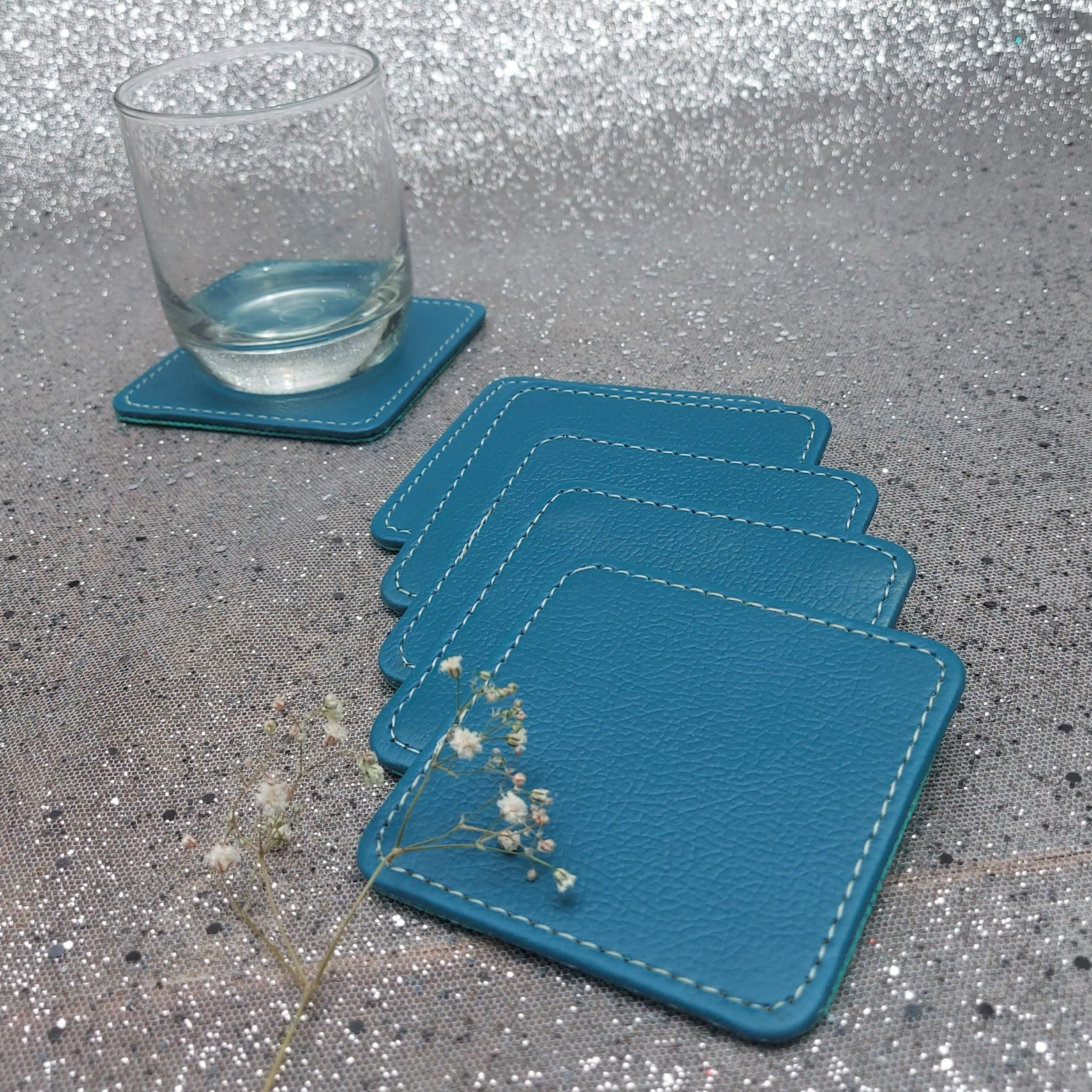 Aster Square Leather Table Mat & Coaster Set - Floral Art by Nandini (A unit of R S creations and designs)