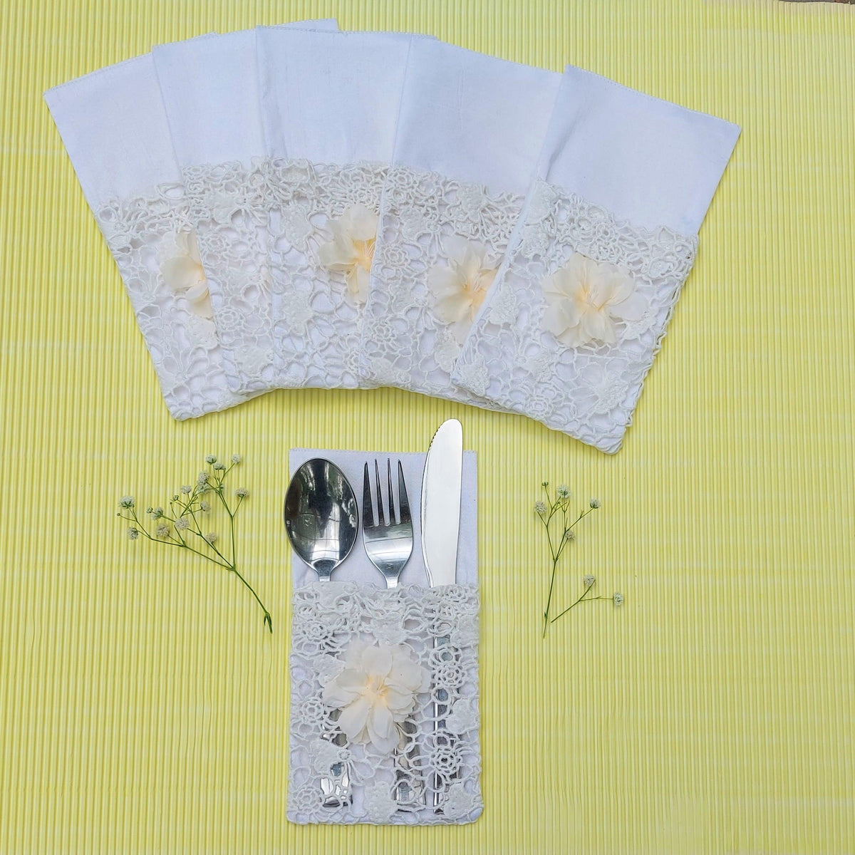 White Cutlery Pockets - Floral Art by Nandini (A unit of R S creations and designs)